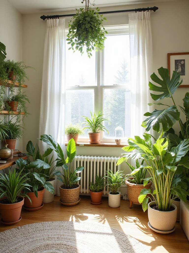 Living room interior with various houseplants creating a green and refreshing atmosphere.