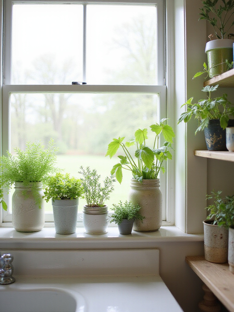 Kitchen windowsill with budget-friendly plants in repurposed containers