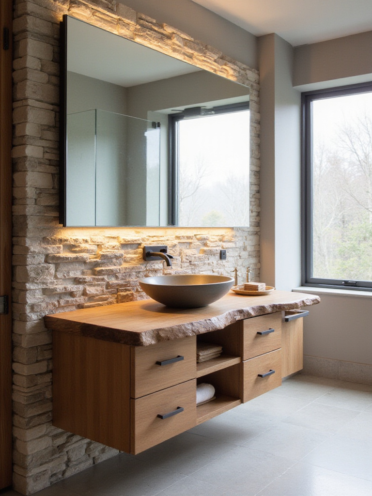 Modern bathroom featuring wood vanity and stone backsplash