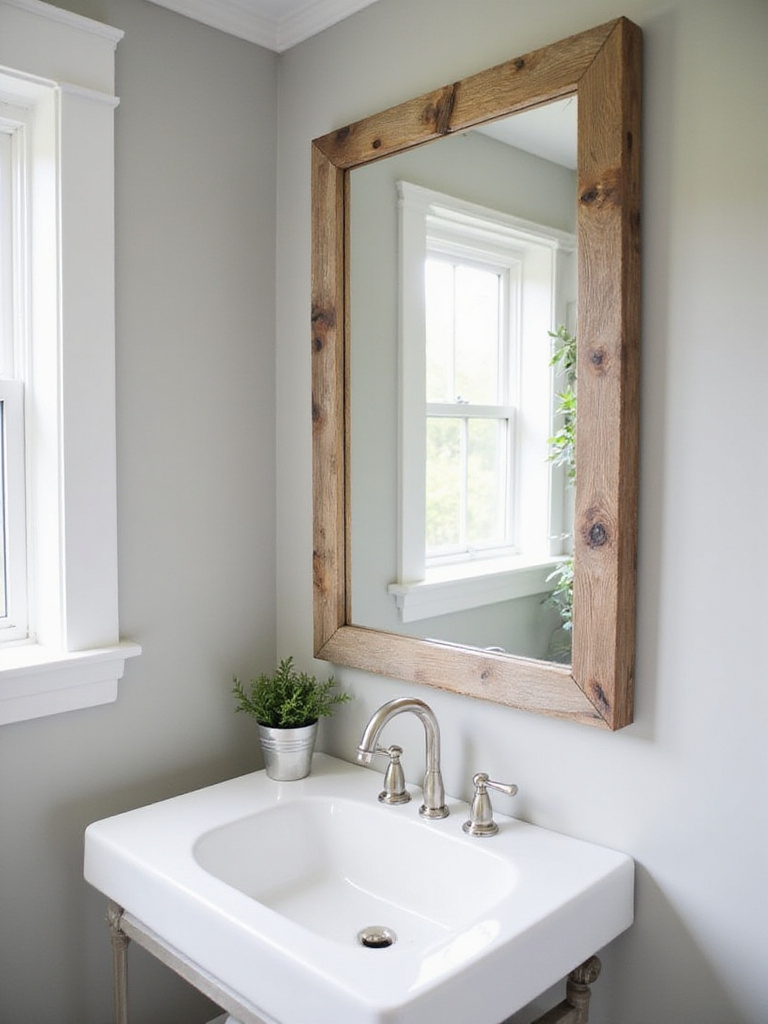 Rustic bathroom with reclaimed wood framed mirror and farmhouse sink.