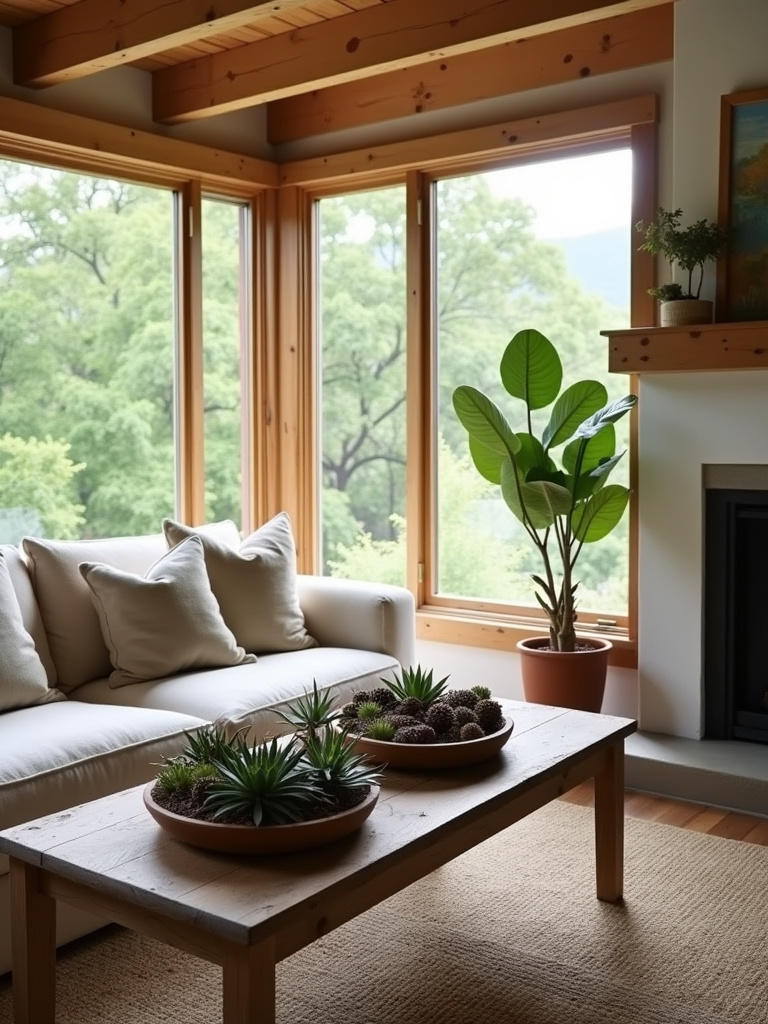 Rustic living room with lush green plants and natural wood elements creating a cozy and inviting space.