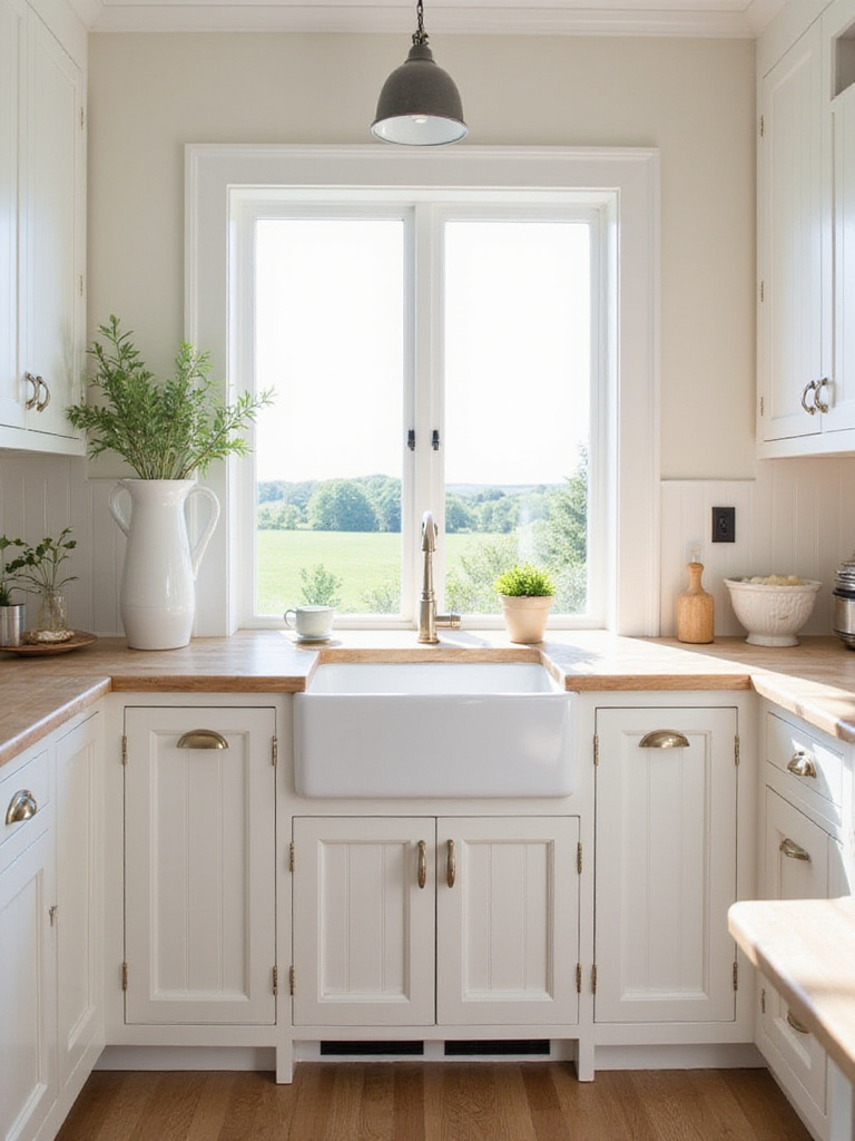 Farmhouse kitchen with white beadboard cabinet doors and butcher block countertops