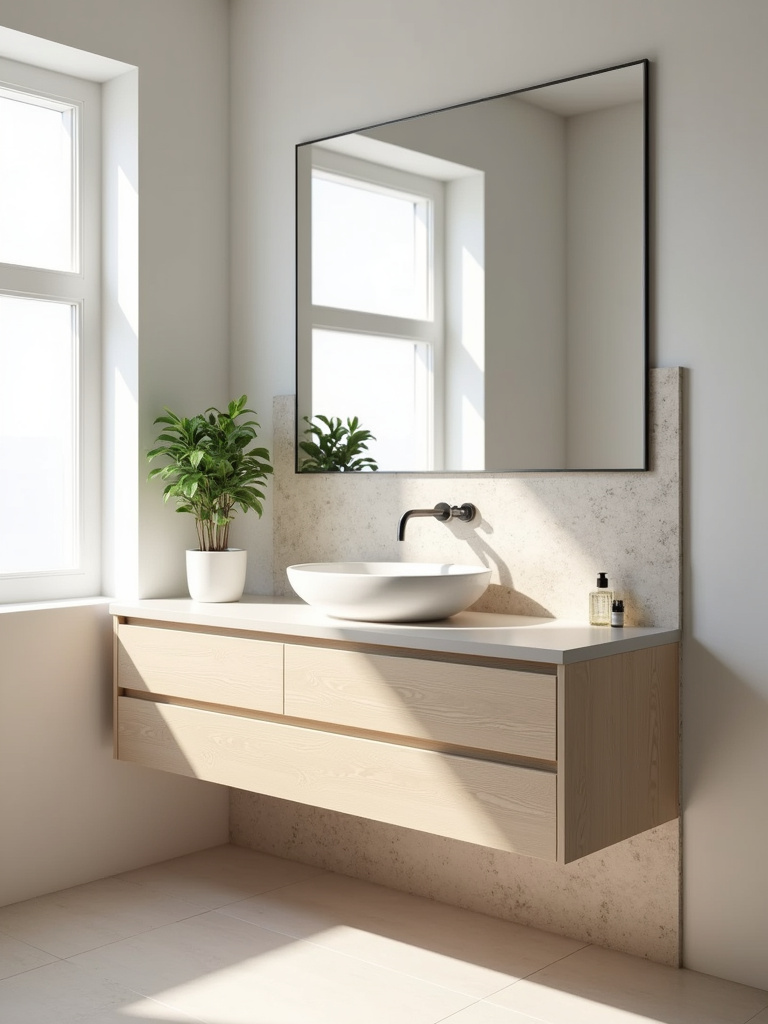 Minimalist bathroom with wood vanity and stone accent wall