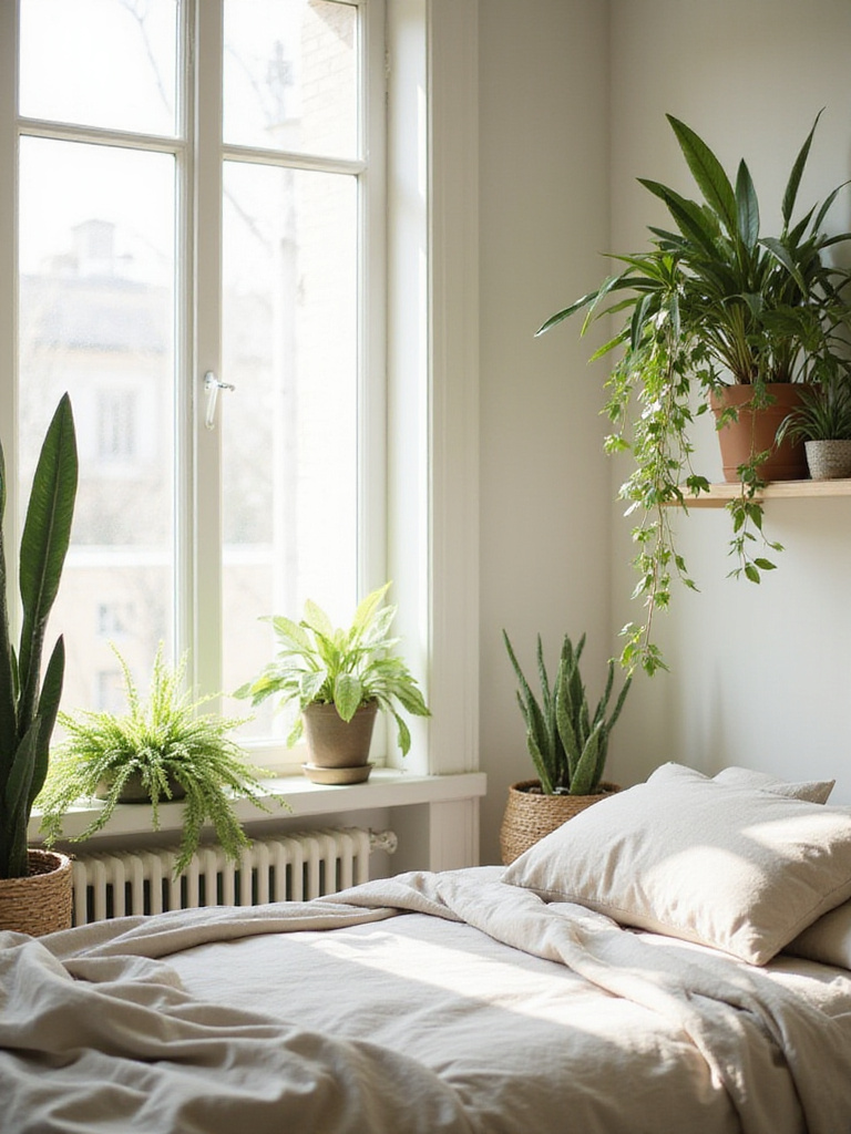 Apartment bedroom decor with indoor plants creating a calming and natural atmosphere.