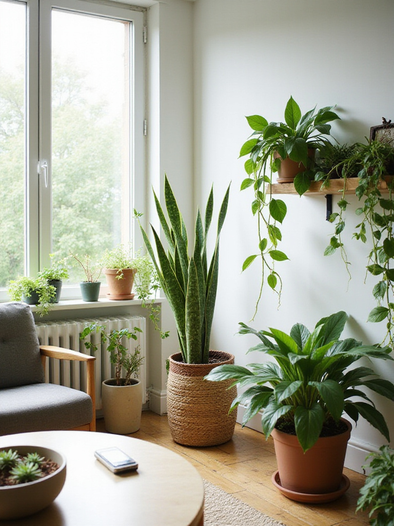 Apartment living room interior with various green plants, creating a relaxing and inviting atmosphere.