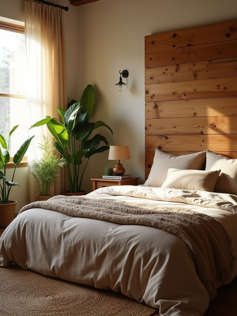 Rustic bedroom interior with reclaimed wood headboard, natural linen bedding, and indoor plants creating a calming, nature-inspired atmosphere.