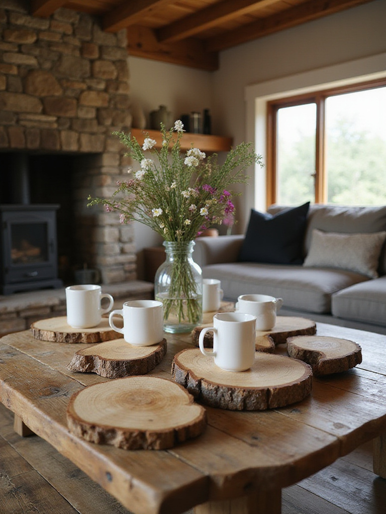 Rustic living room decor featuring natural wood slice coasters on a reclaimed wood coffee table.