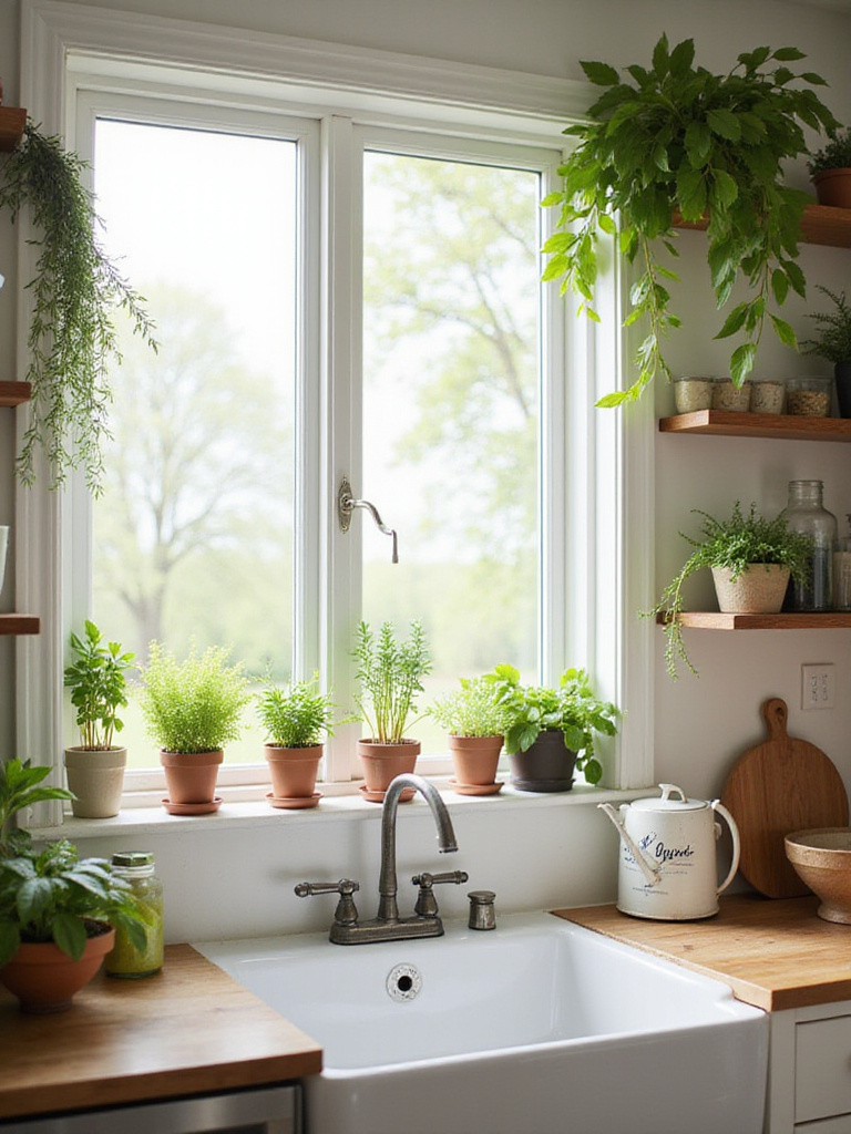 Farmhouse kitchen with herbs and plants on the windowsill and open shelving.