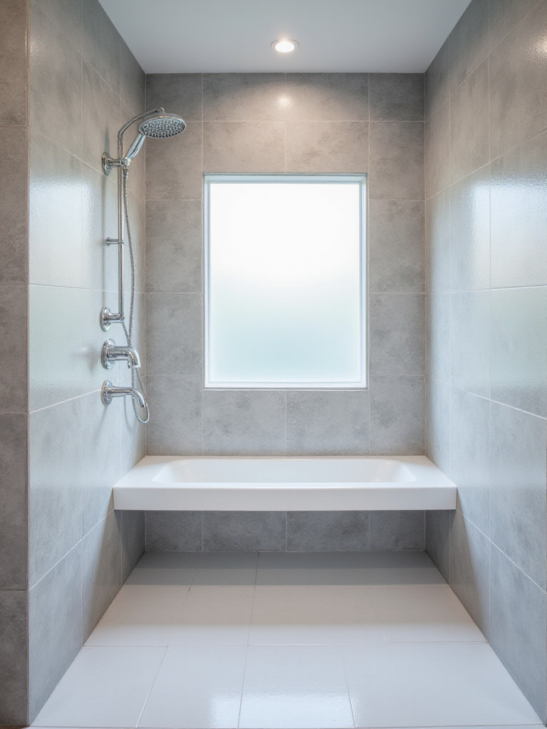 Modern bathroom shower with a built-in white shower bench.