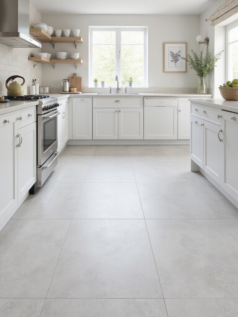 Durable and easy-to-clean light gray porcelain tile flooring in a modern kitchen.