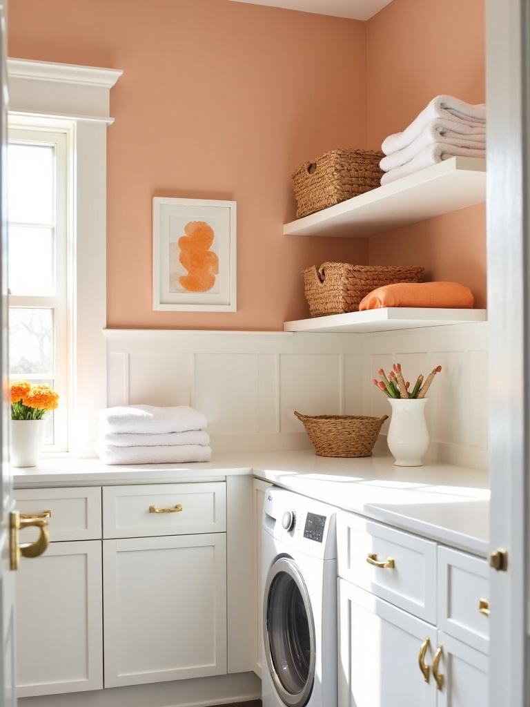 Laundry room with peach walls and orange accents for an energizing space.