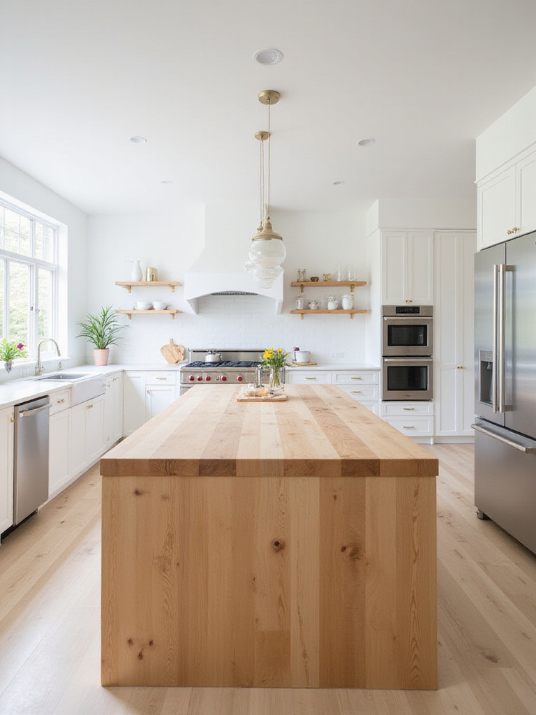 Modern kitchen with butcher block countertop island