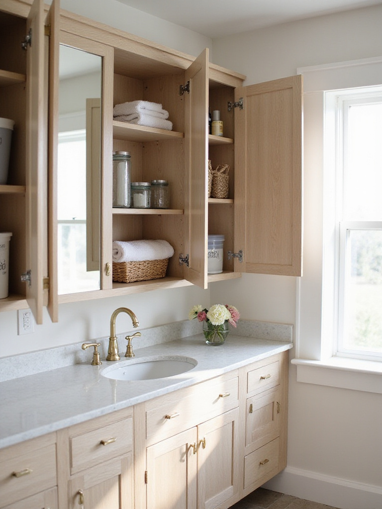 Organized bathroom cabinets with clear containers and labeled storage.