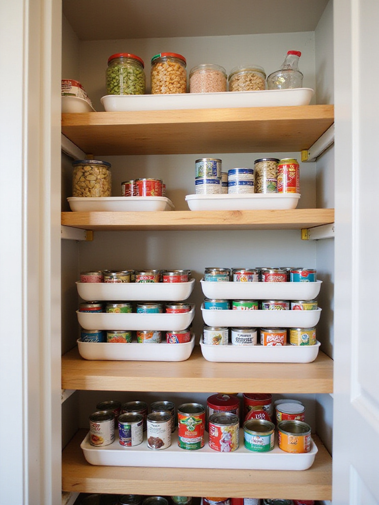 Well-organized pantry with stackable can organizers maximizing vertical space and visibility of canned goods.