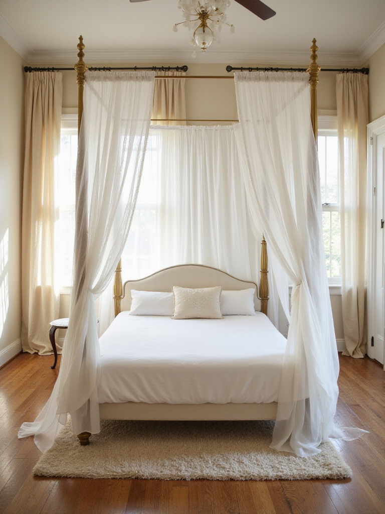 Luxurious bedroom featuring a romantic four-poster canopy bed draped in sheer linen.