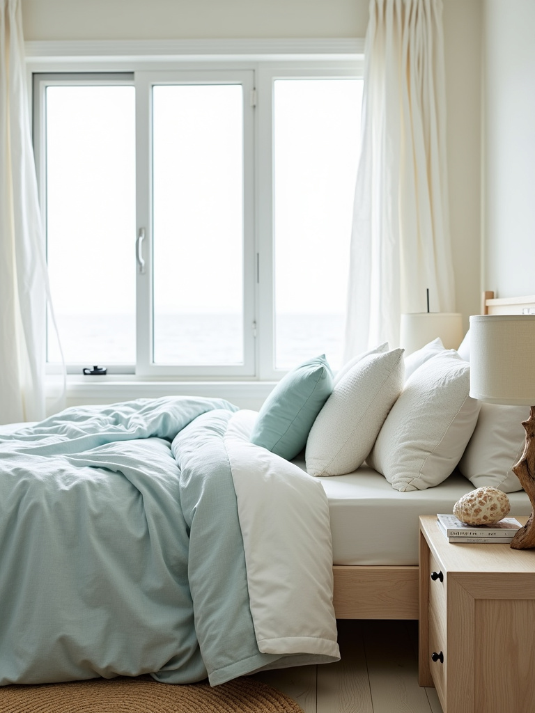 Beachy bedroom interior design with light blue bedding, jute rug, and driftwood lamp.