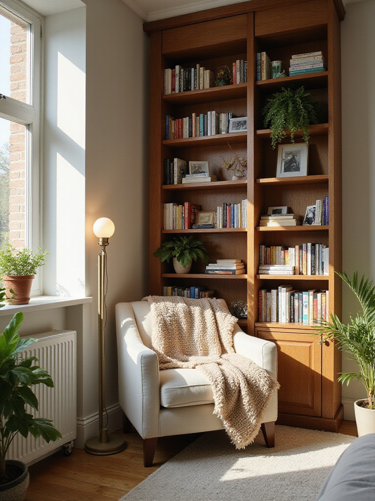 Cozy apartment bedroom reading nook with bookshelf, armchair, and floor lamp.