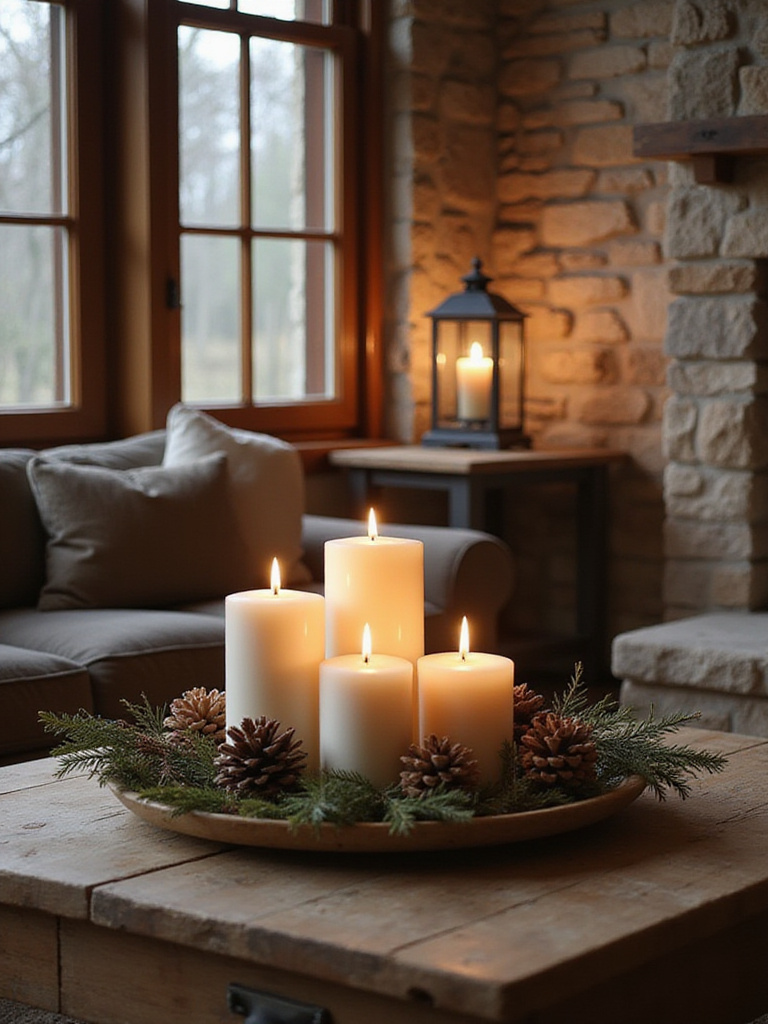 Rustic living room with lanterns and candle clusters creating a warm and inviting ambiance.