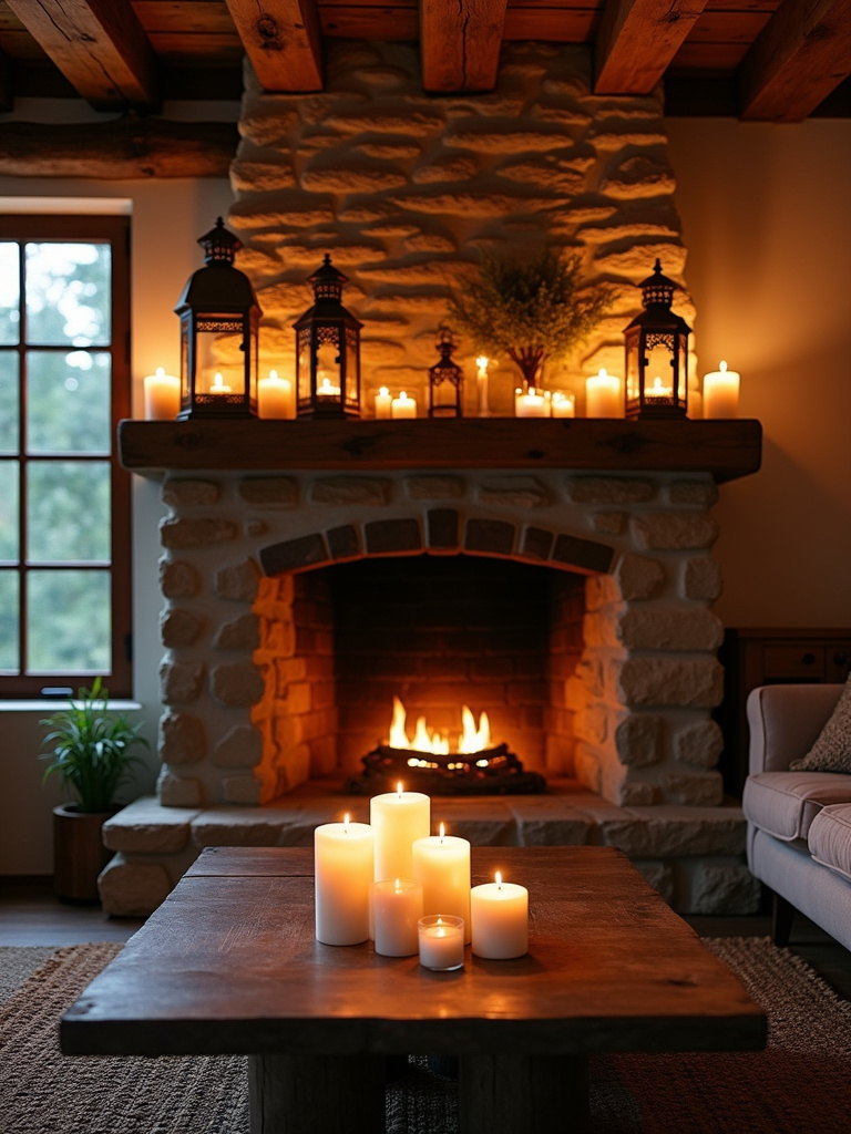 Rustic living room with lanterns and candlelight creating a cozy ambiance