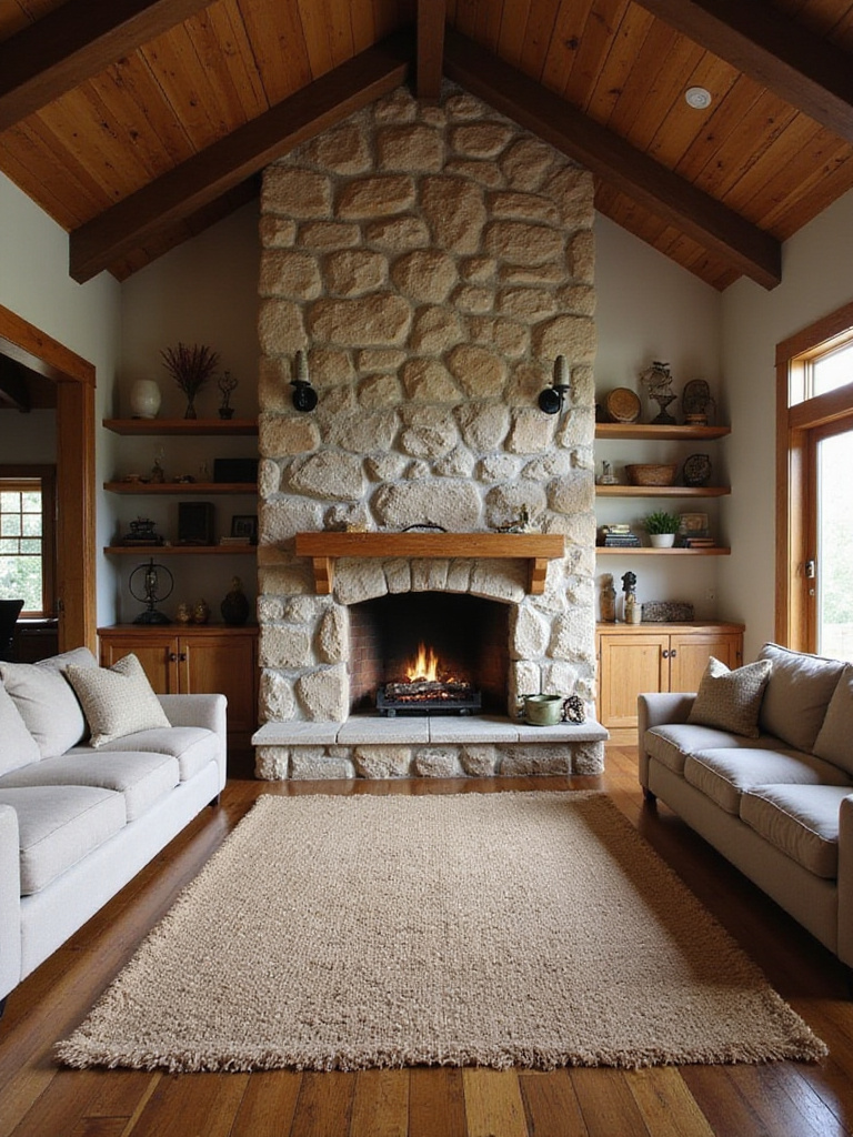 Rustic living room with a majestic stone fireplace as the focal point.
