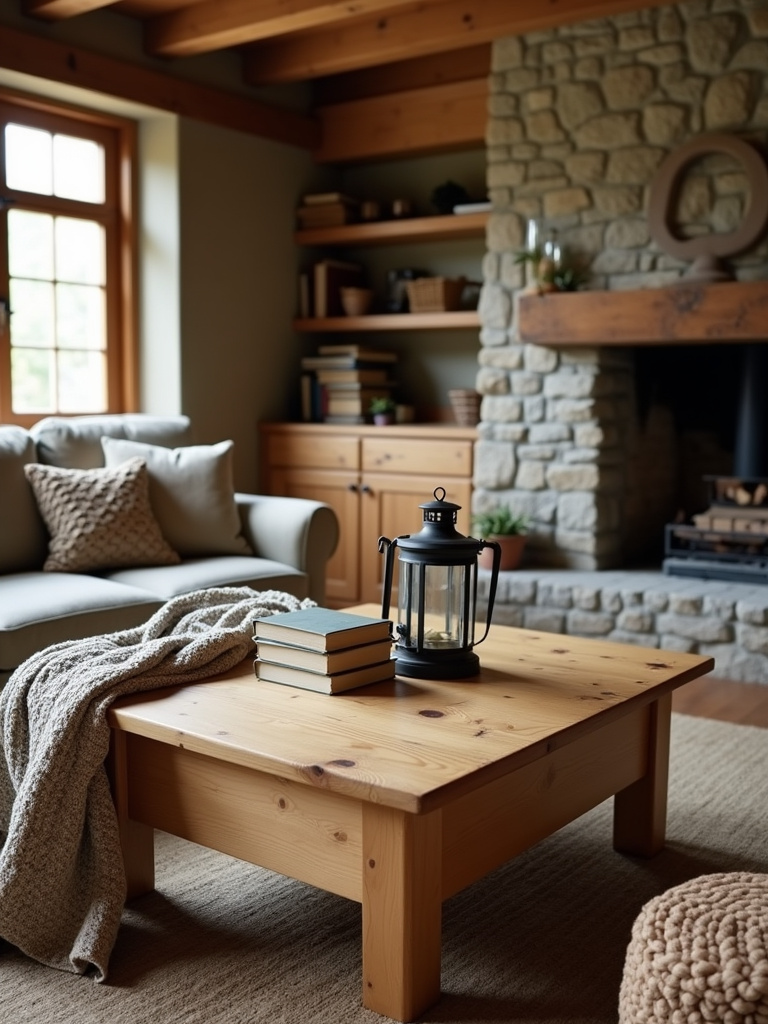 Rustic living room featuring a solid wood coffee table with natural imperfections, creating a cozy and inviting space.