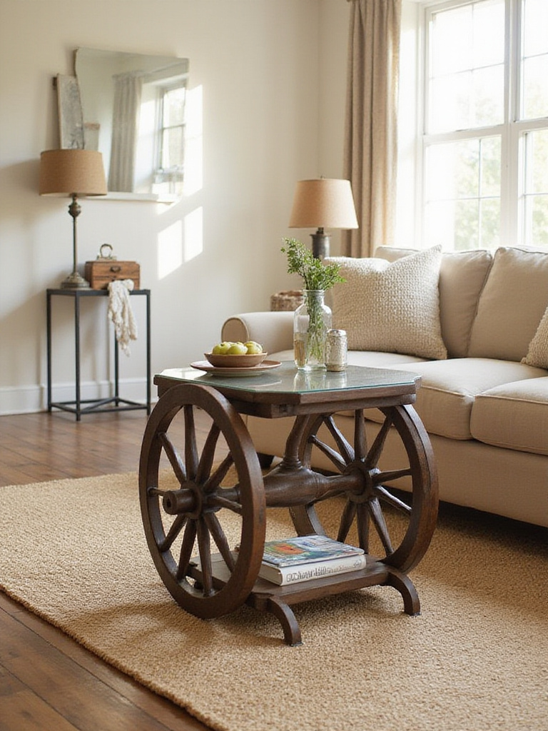 Rustic living room with wagon wheel accent table