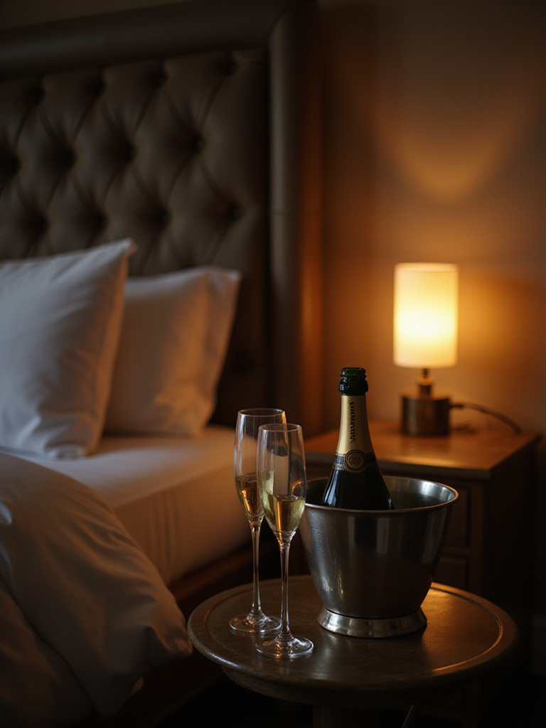 Elegant champagne flutes and chilled champagne bottle on bedside table in dimly lit romantic bedroom.