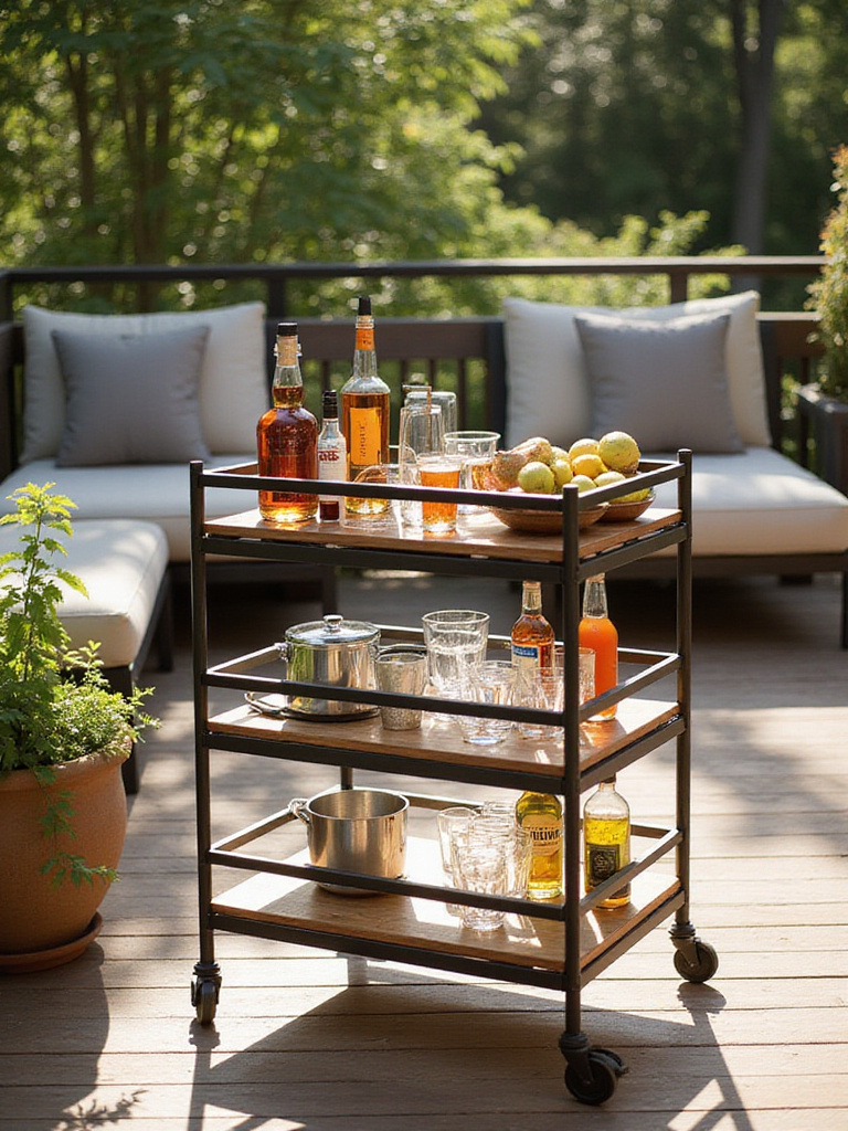 Stylish bar cart on a beautifully decorated deck, perfect for outdoor entertaining.