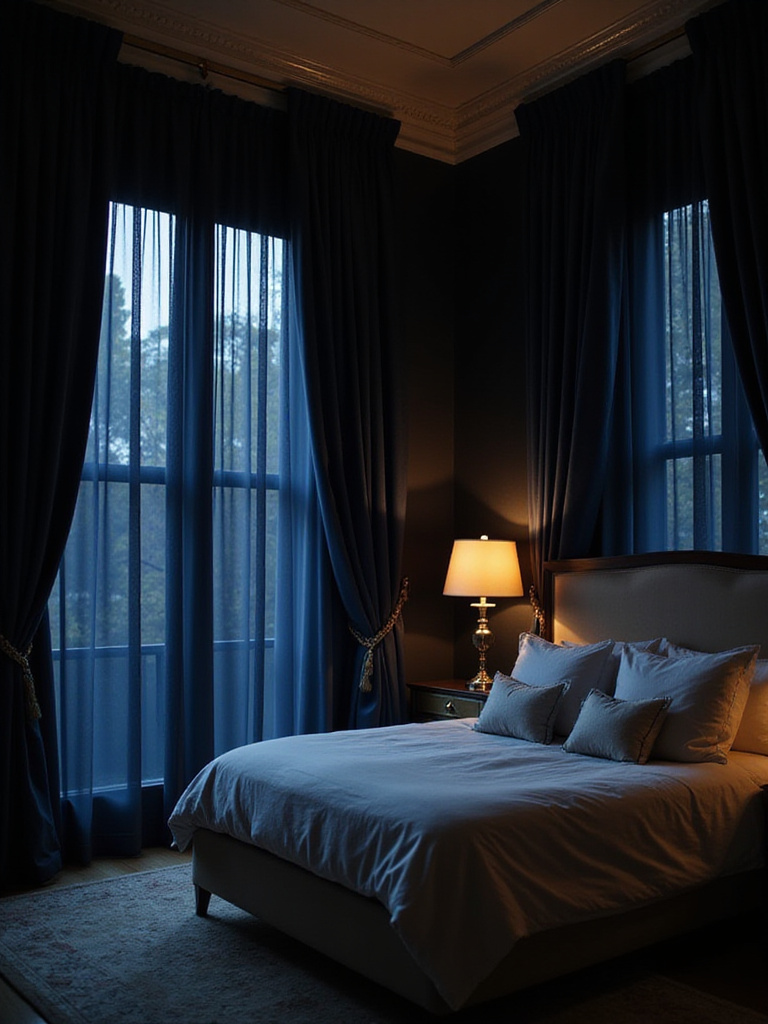 Luxurious bedroom with navy blue blackout curtains for ultimate sleep quality and privacy