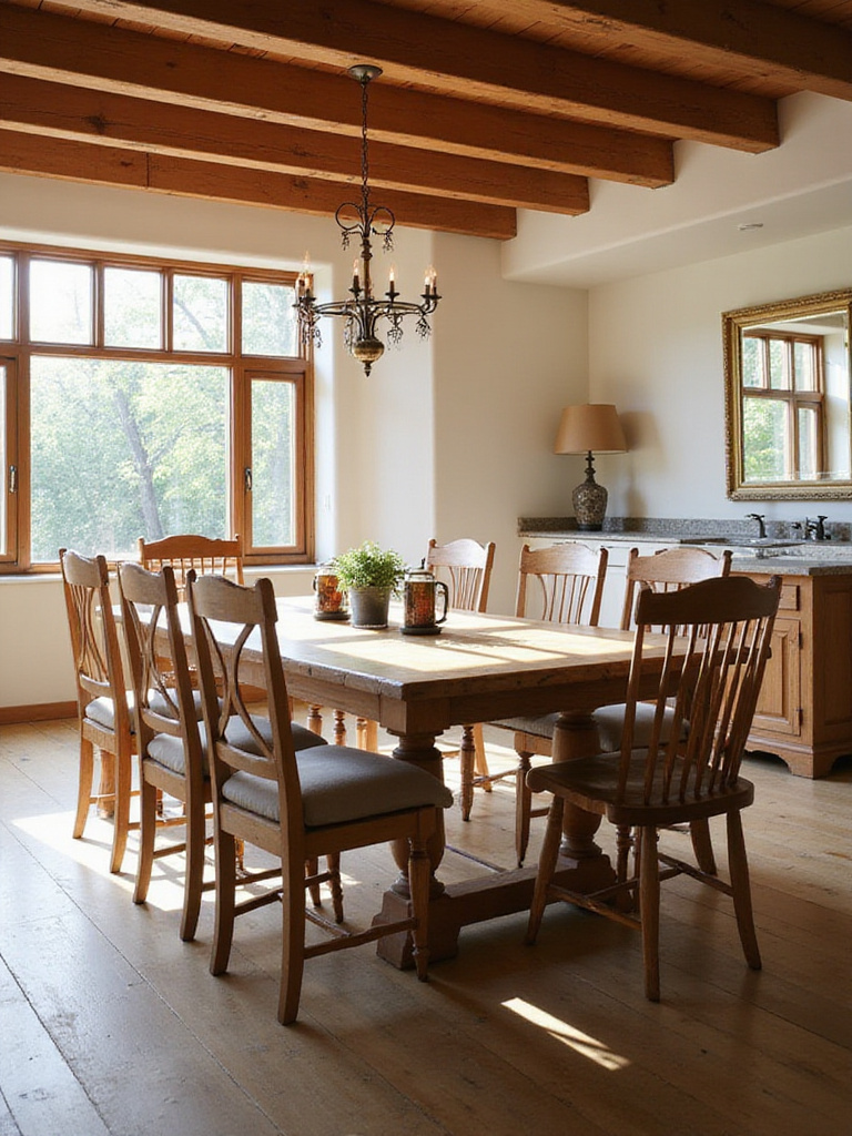 Rustic dining room with a mix of farmhouse-style chairs around a wooden table