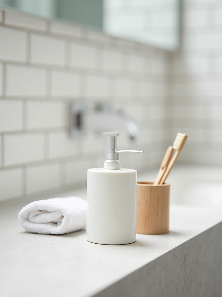Minimalist bathroom accessories: white soap dispenser, wooden toothbrush holder, white hand towel.