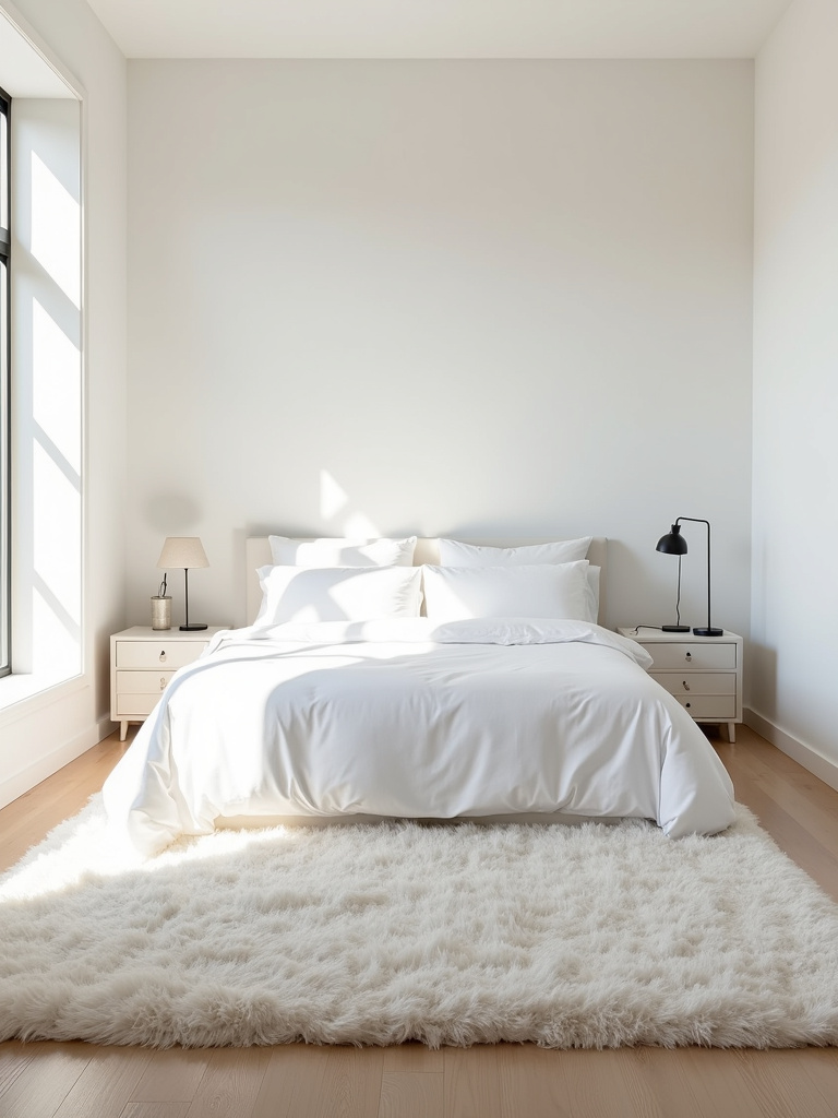 White bedroom with plush white shag rug under bed, creating a soft and inviting atmosphere.