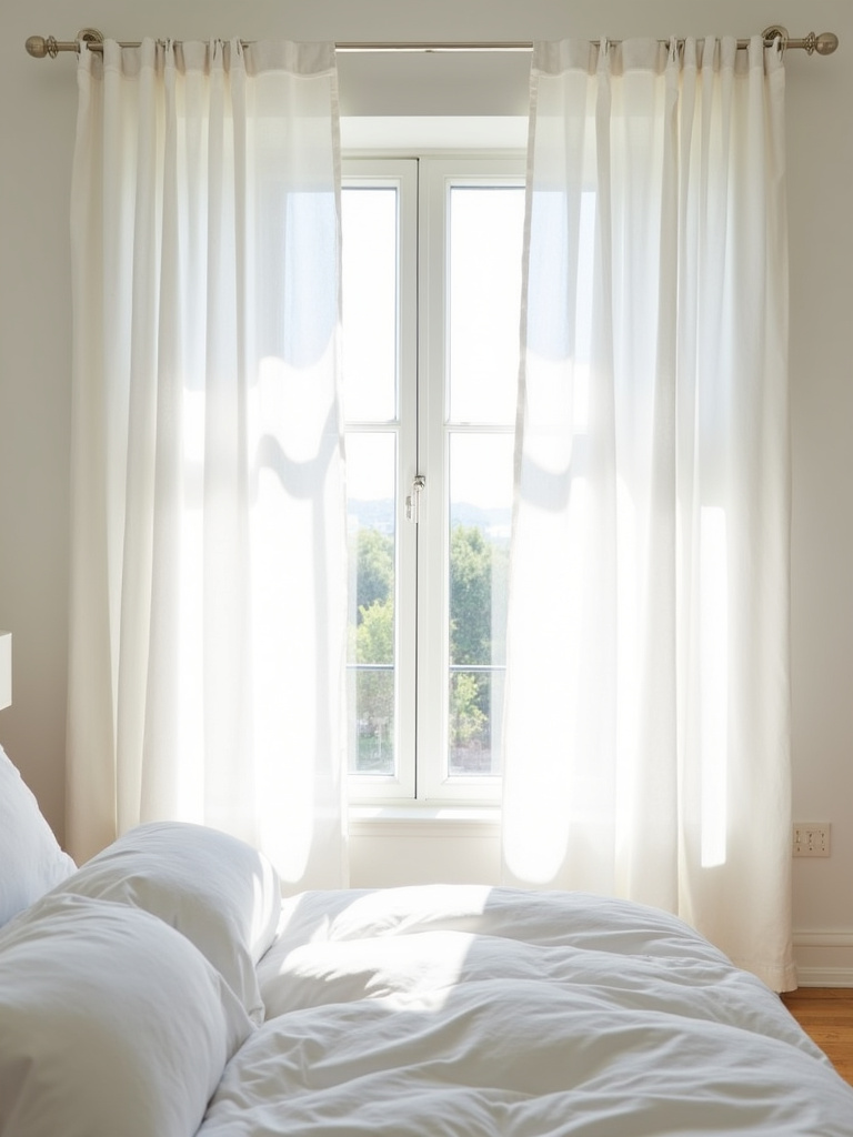 White bedroom with sheer and blackout white curtains, creating a bright and airy atmosphere.