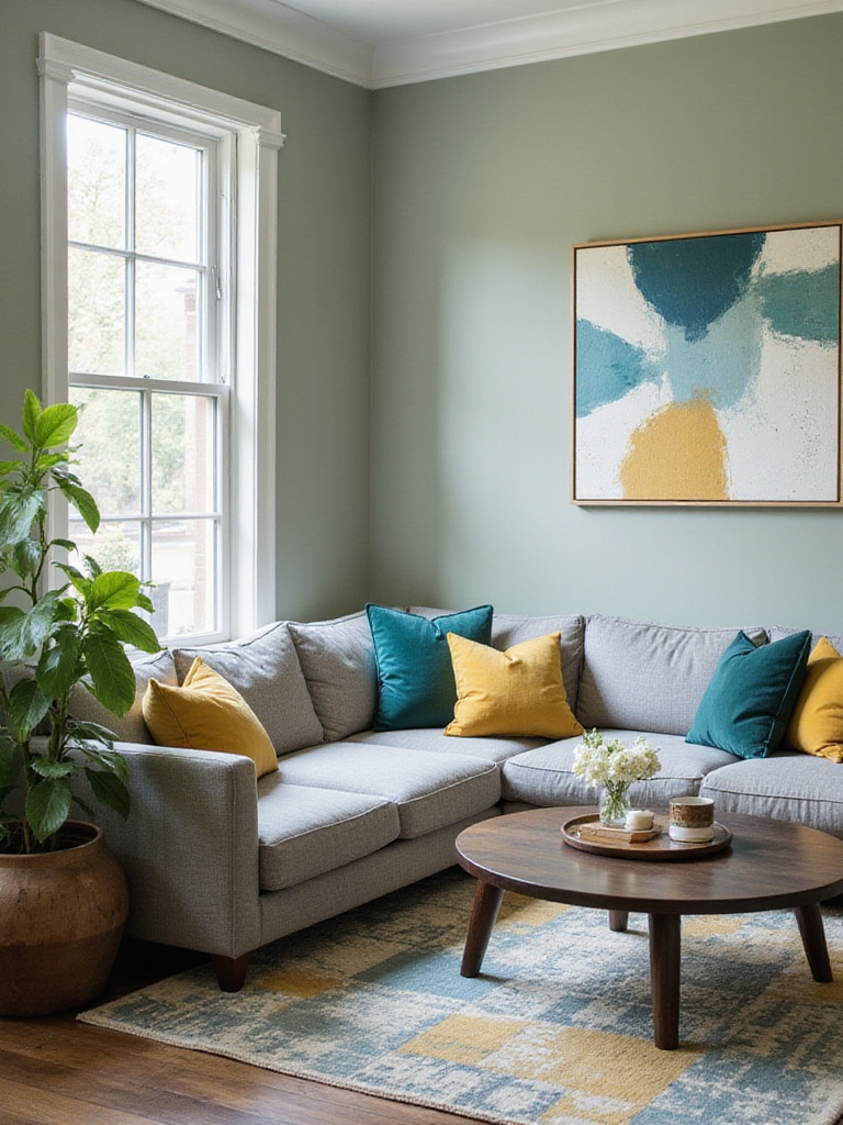 Modern living room featuring a cohesive color palette of sage green, gray, teal, and mustard yellow.