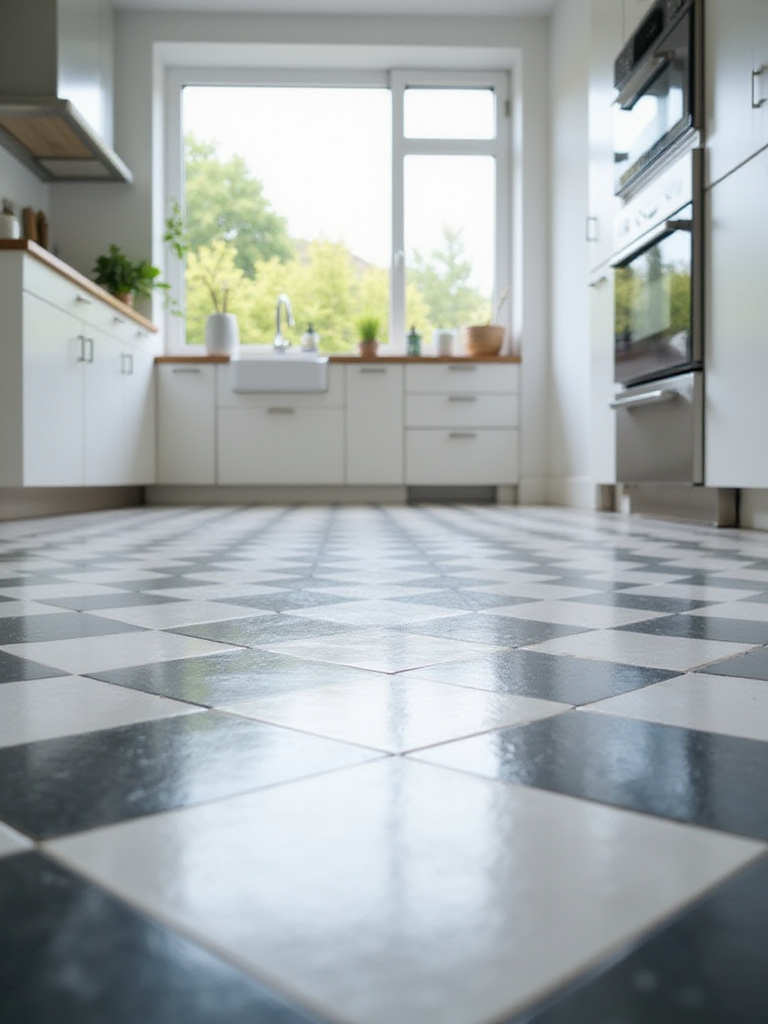 Modern kitchen with black and white checkerboard tile floor