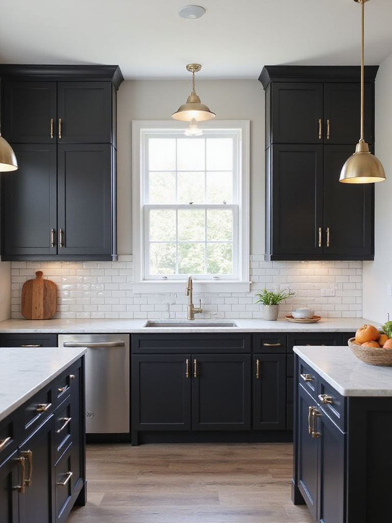 Black kitchen cabinets with white subway tile backsplash