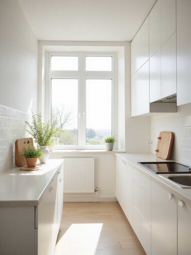 Clean, uncluttered kitchen countertops in a small, modern kitchen