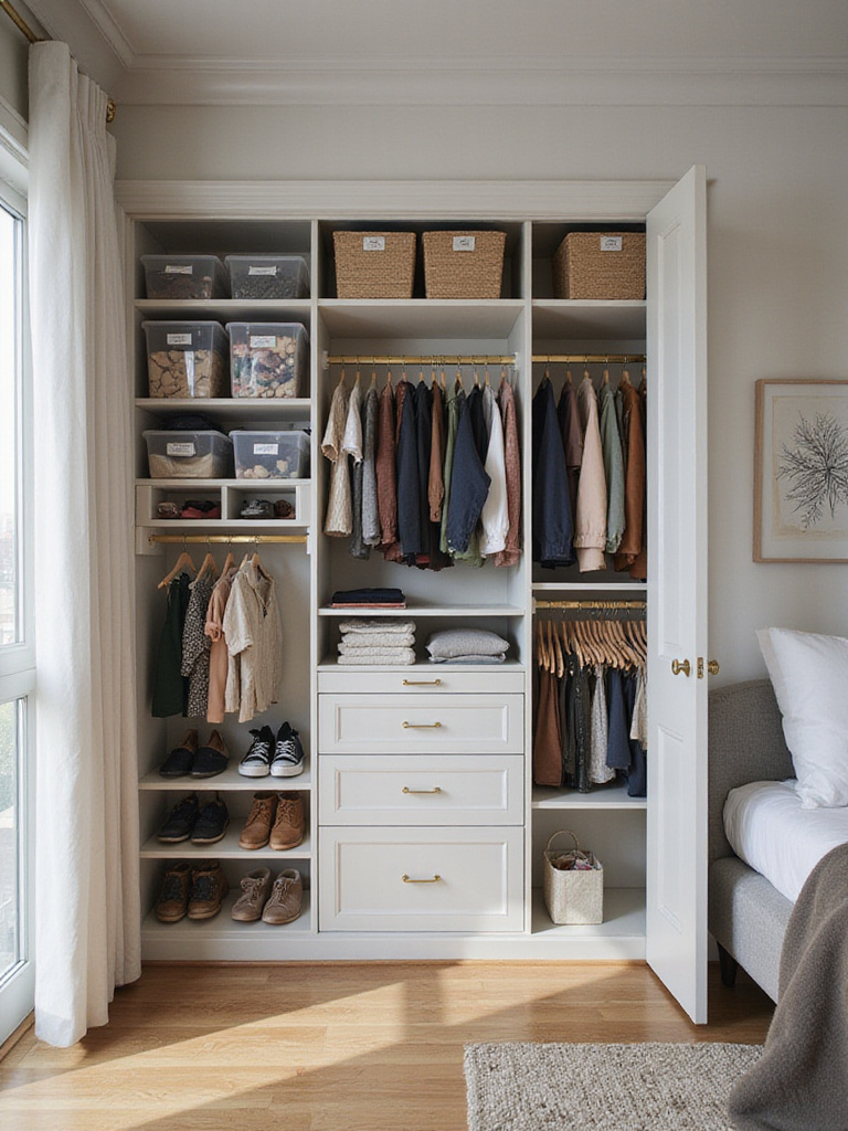 Organized apartment bedroom closet with custom shelving, labeled storage bins, and color-coordinated clothing.