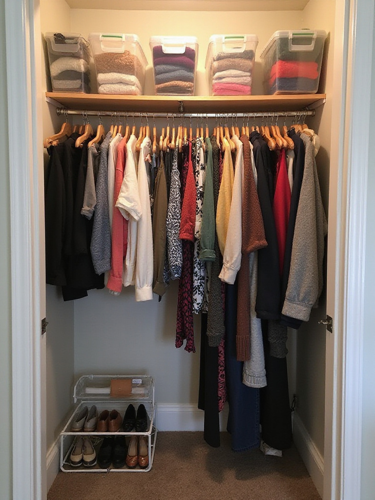 Organized apartment closet with double hang rods, clear bins, and shoe rack.
