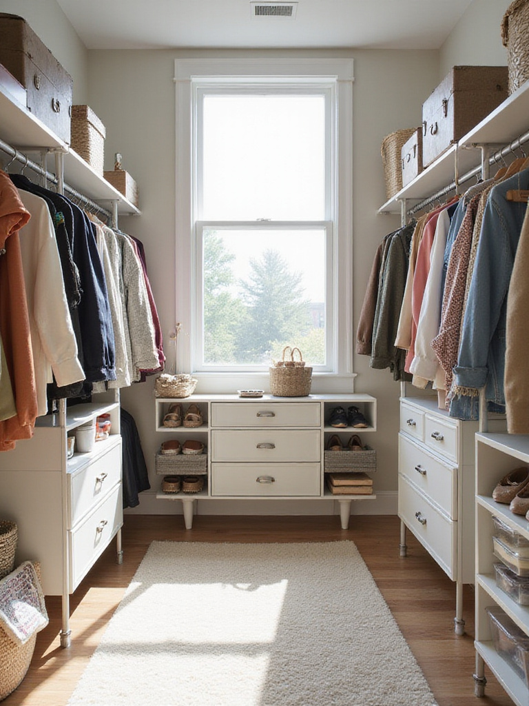 Well-organized walk-in closet with modular closet system, maximizing storage space.