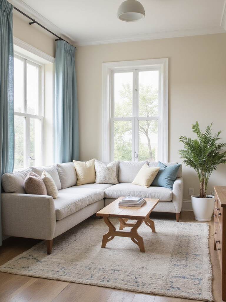 Living room with light beige walls, grey sofa, and soft blue curtains.