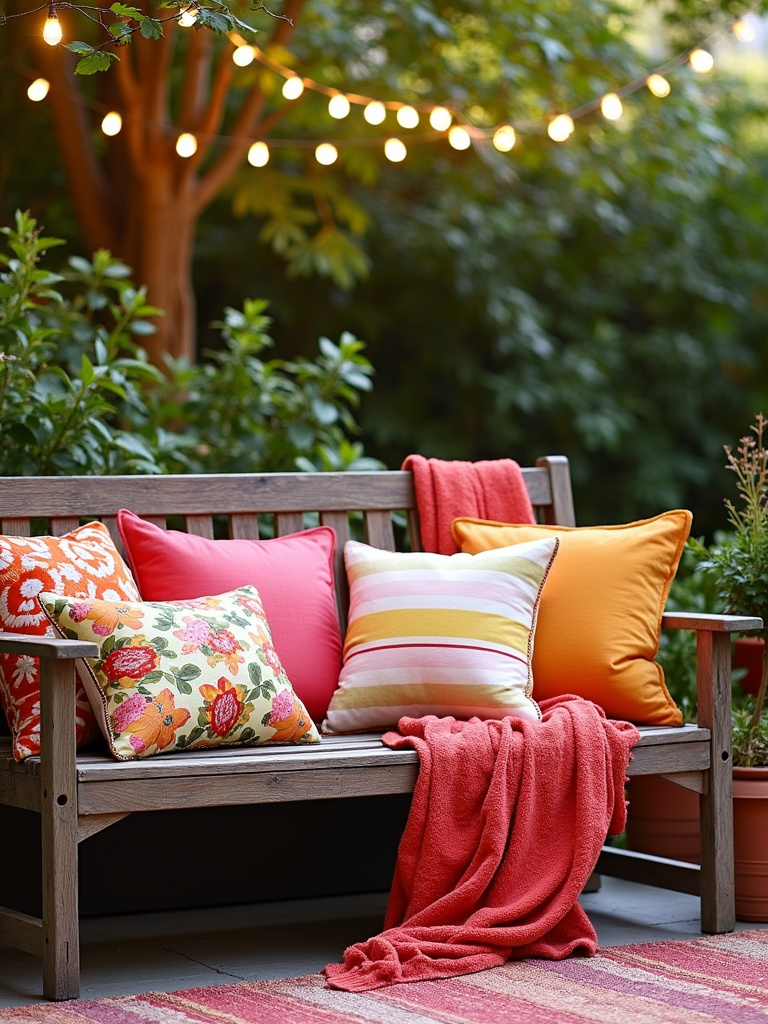 Backyard patio with colorful cushions and throw blanket on a wooden bench