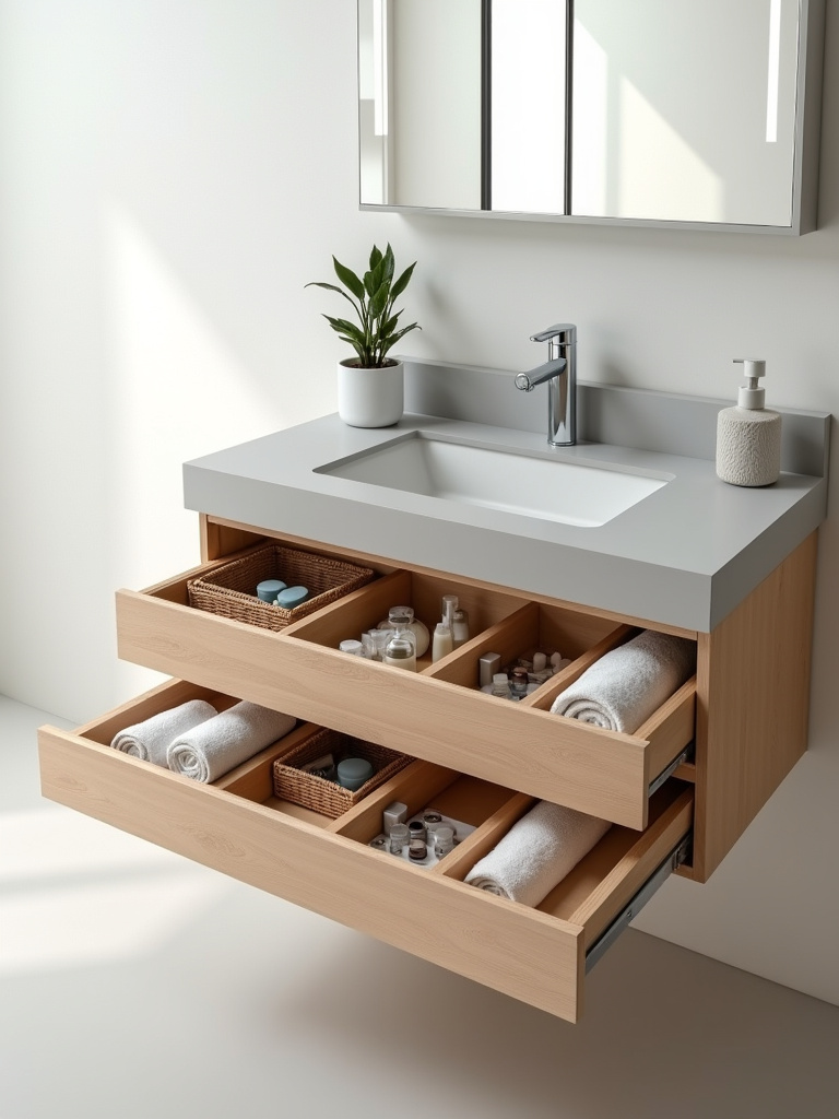 Minimalist bathroom vanity with concealed storage and organized drawers.