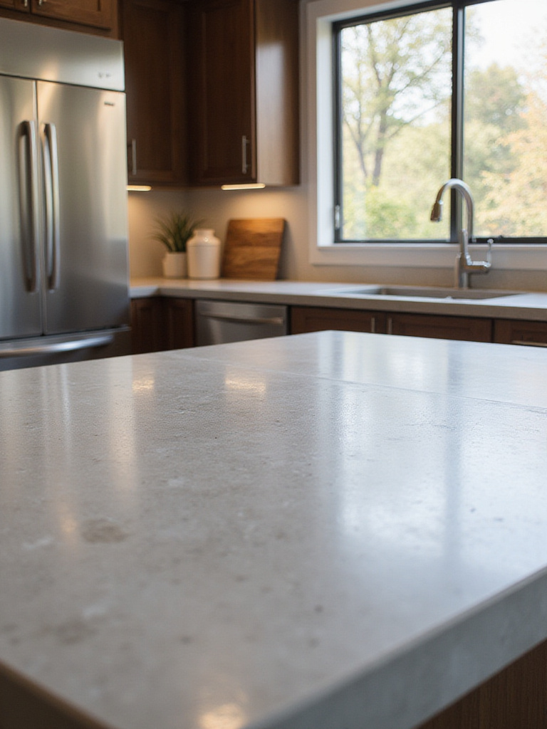 Modern kitchen with light gray concrete countertops and dark wood cabinets.