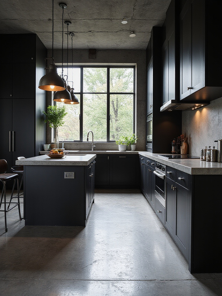 Black kitchen with concrete floors showcasing industrial chic design.