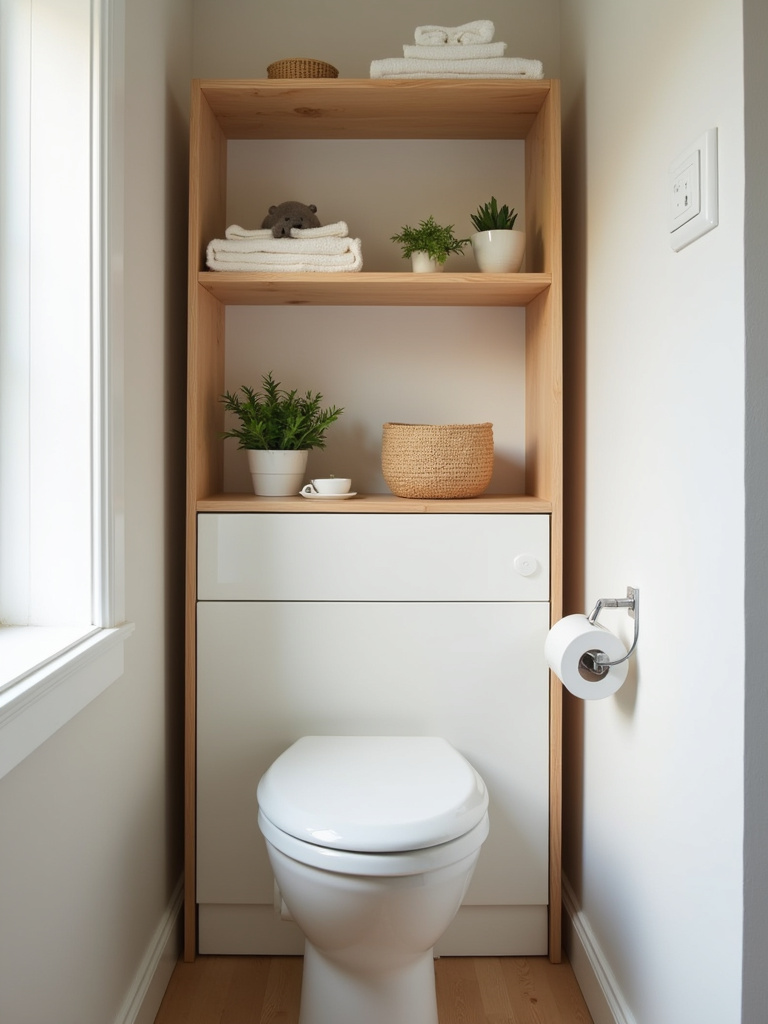Over-the-toilet storage unit maximizing space in a small apartment bathroom.