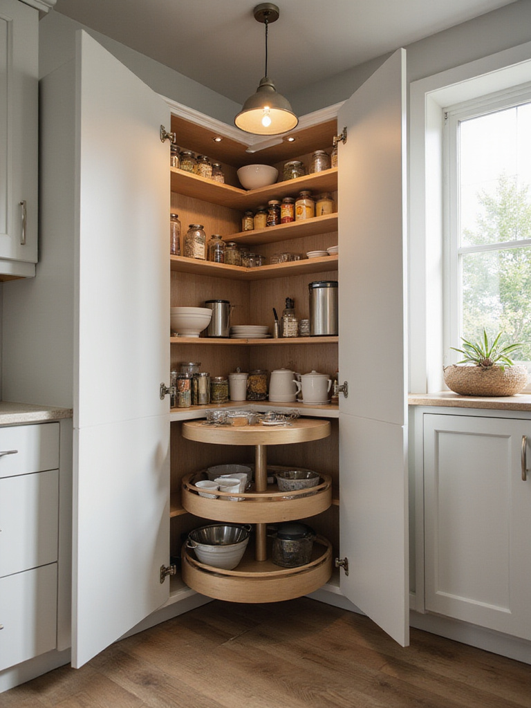 Corner kitchen cabinet with two-tiered Lazy Susan for organized storage.