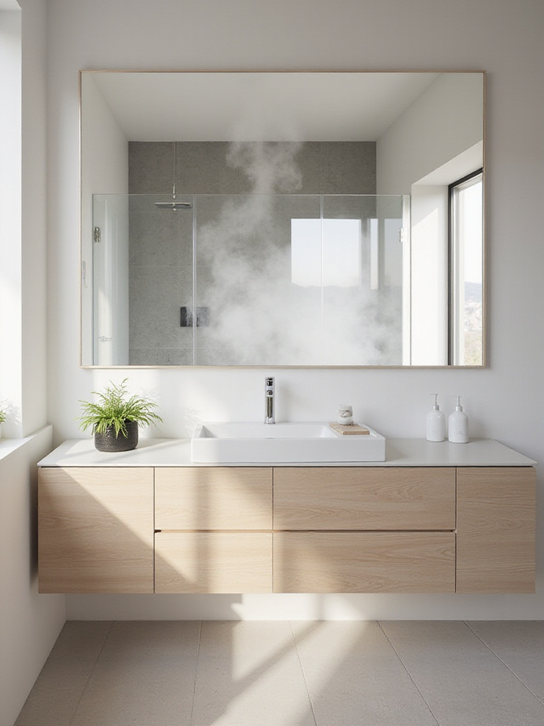 Modern bathroom with a clear, heated anti-fog mirror above a sleek vanity despite steam from the shower.