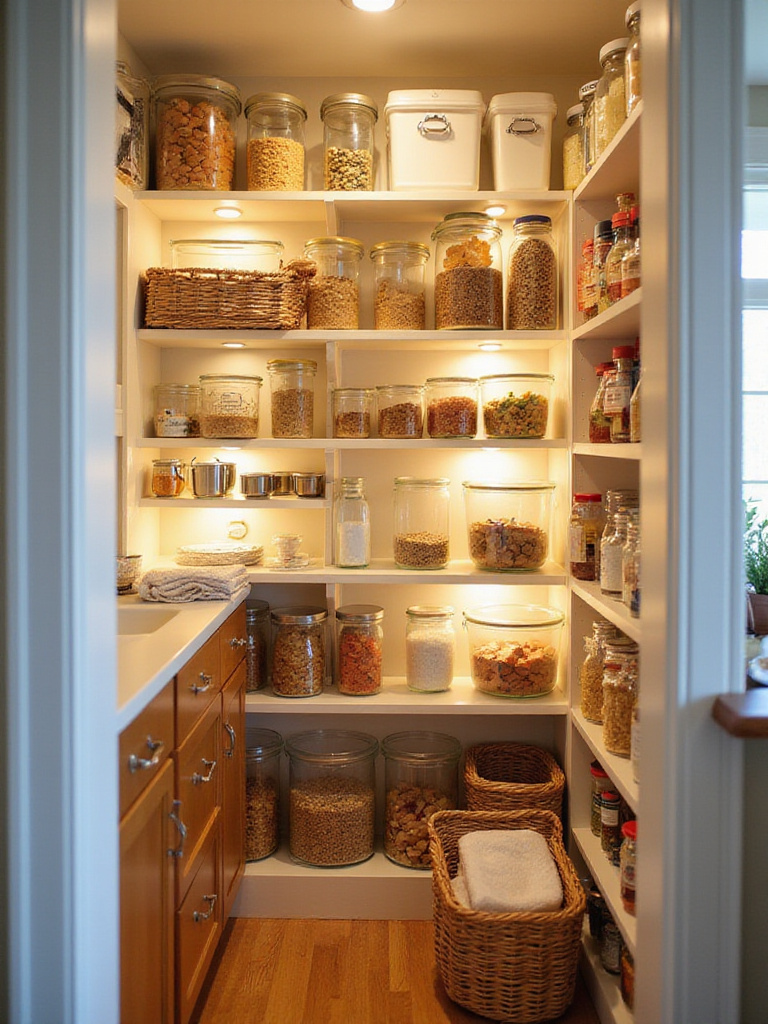Organized pantry with clear containers and labeled shelves