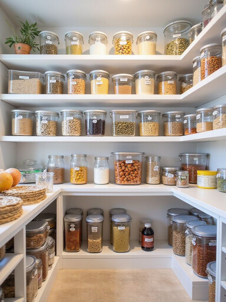 Well-organized pantry with categorized food items in clear containers.